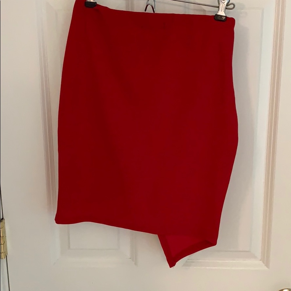 Red Asymmetrical Rushed Mini Skirt - Picture 2 of 5